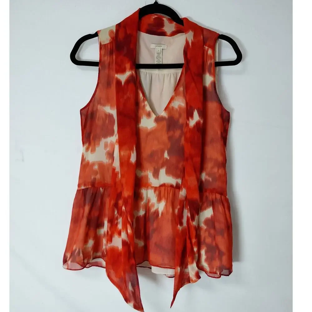 J.Crew Silk Sleeveless Blouse Red Tie-Dye V-Neck Lightweight Women Size 0